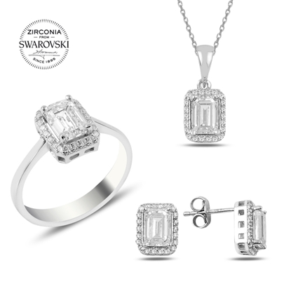 Resim Rodyum Kaplama Swarovski Zirkon Baget Taşlı Tektaş Gümüş Bayan Set