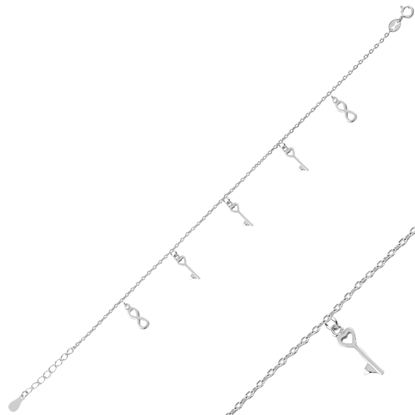 Resim Rodyum Kaplama Taşsız Sallantılı Anahtar & Sonsuzluk Gümüş Bayan Bileklik