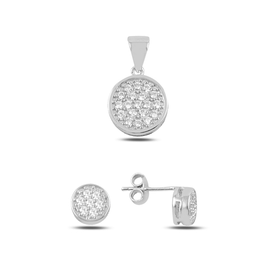 Ürün resmi: Rodyum Kaplama Yuvarlak Zirkon Taşlı Gümüş Küpe & Gümüş Bayan Kolye Ucu Gümüş Bayan Set