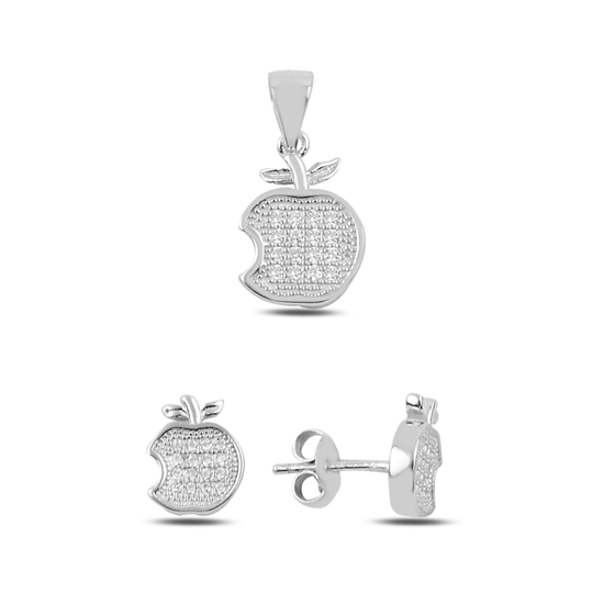 Ürün resmi: Rodyum Kaplama Zirkon Taşlı Elma Gümüş Küpe & Gümüş Bayan Kolye Ucu Gümüş Bayan Set