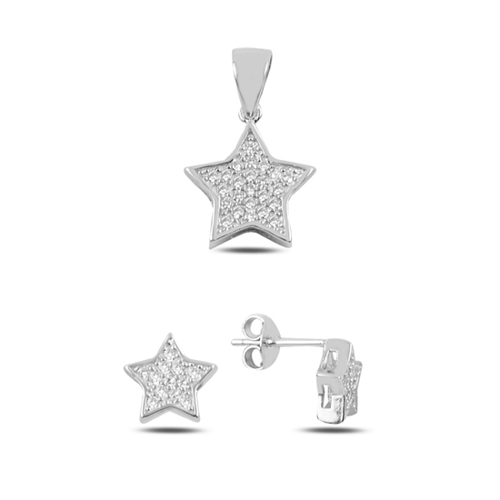 Ürün resmi: Rodyum Kaplama Zirkon Taşlı Yıldız Gümüş Küpe & Gümüş Bayan Kolye Ucu Gümüş Bayan Set