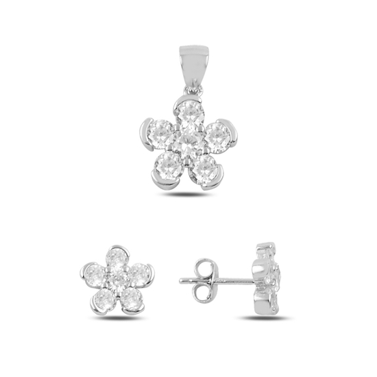 Ürün resmi: Rodyum Kaplama Zirkon Taşlı Çiçek Gümüş Küpe & Gümüş Bayan Kolye Ucu Gümüş Bayan Set