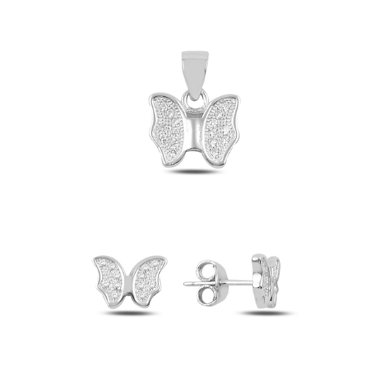 Ürün resmi: Rodyum Kaplama Zirkon Taşlı Kelebek Gümüş Küpe & Gümüş Bayan Kolye Ucu Gümüş Bayan Set