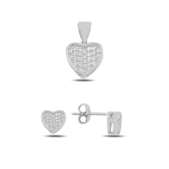 Ürün resmi: Rodyum Kaplama Zirkon Taşlı Kalp Gümüş Küpe & Gümüş Bayan Kolye Ucu Gümüş Bayan Set