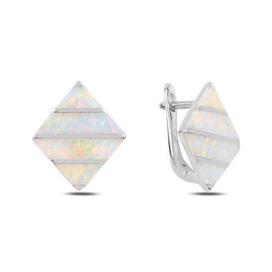 Ürün resmi: Rodyum Kaplama Opal Taşlı J Gümüş Bayan Küpe