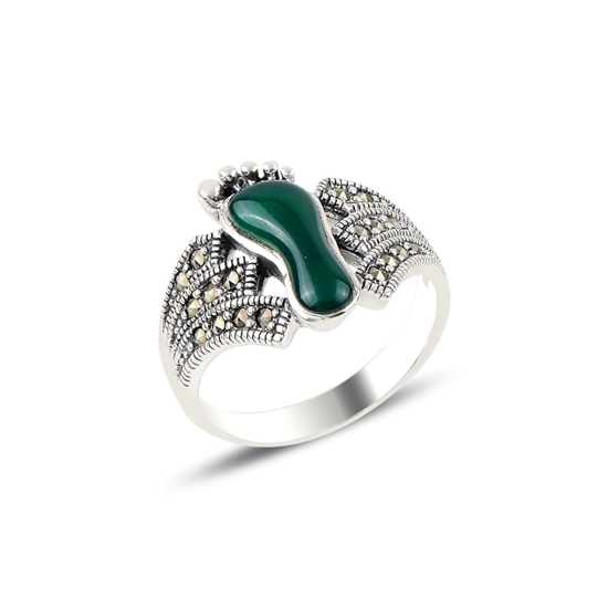 Ürün resmi: Yeşil Akik & Markazit Taşlı Ayaz İzi Gümüş Bayan Yüzük