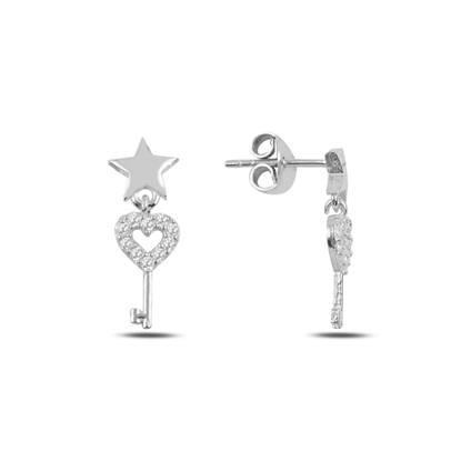 Resim Rodyum Kaplama Zirkon Taşlı Sallantılı Anahtar & Kalp Gümüş Küpe