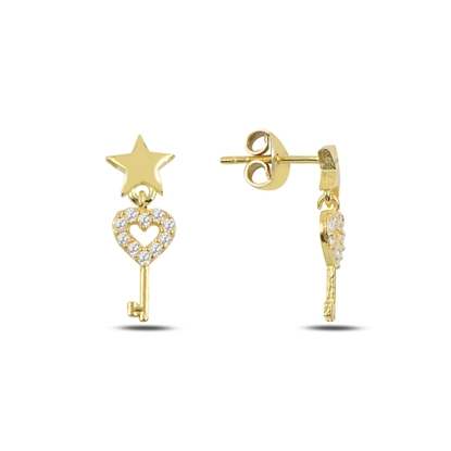 Resim Altın Kaplama Zirkon Taşlı Sallantılı Anahtar & Kalp Gümüş Küpe