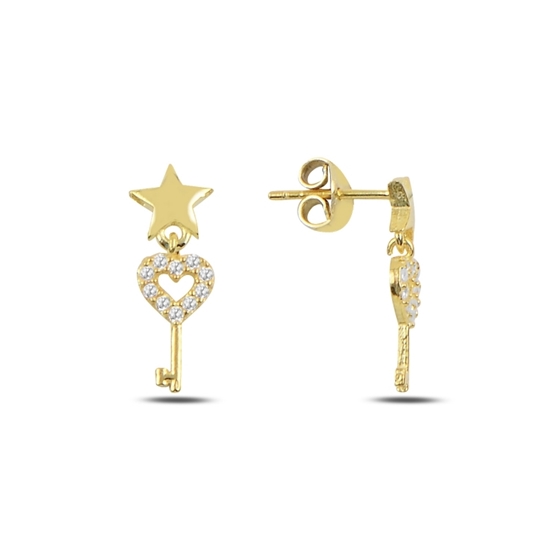 Ürün resmi: Altın Kaplama Zirkon Taşlı Sallantılı Anahtar & Kalp Gümüş Küpe