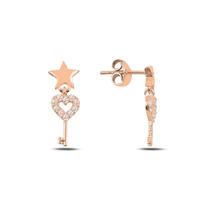 Resim Rose Kaplama Zirkon Taşlı Sallantılı Anahtar & Kalp Gümüş Küpe