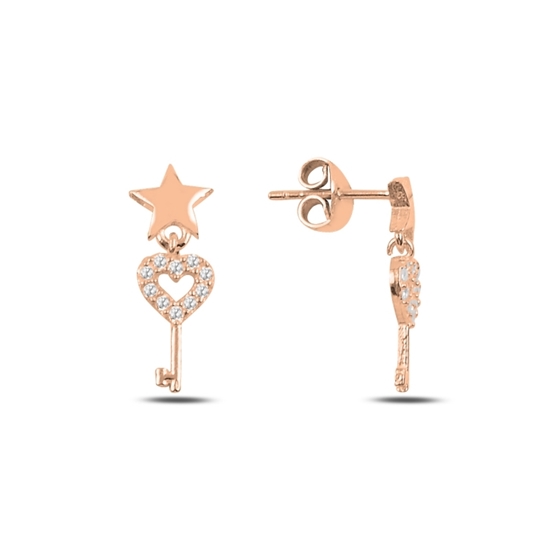 Ürün resmi: Rose Kaplama Zirkon Taşlı Sallantılı Anahtar & Kalp Gümüş Küpe