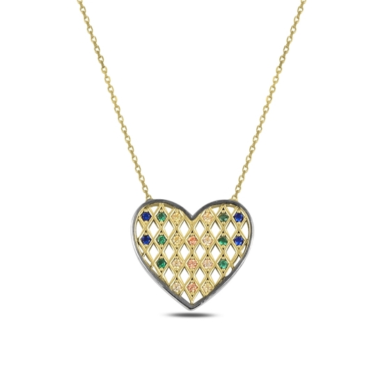 Ürün resmi: Altın Kaplama Renkli Zirkon Taşlı Kalp Gümüş Bayan Kolye