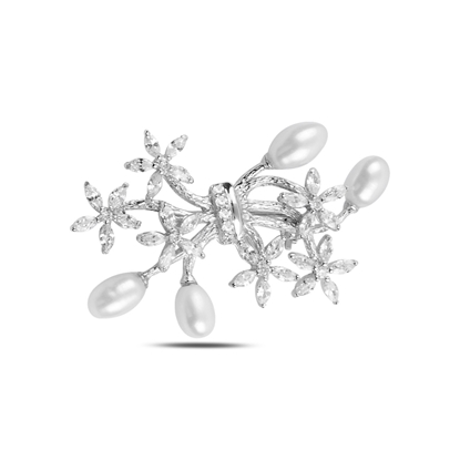 Resim Rodyum Kaplama İnci & Zirkon Taşlı Gümüş Broş