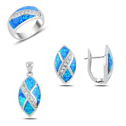 Resim Rodyum Kaplama Opal & Zirkon Taşlı Gümüş Bayan Set