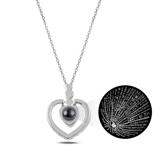 Ürün resmi: Rodyum Kaplama 100 Dilde Seni Seviyorum Taşı Kalp Gümüş Bayan Kolye
