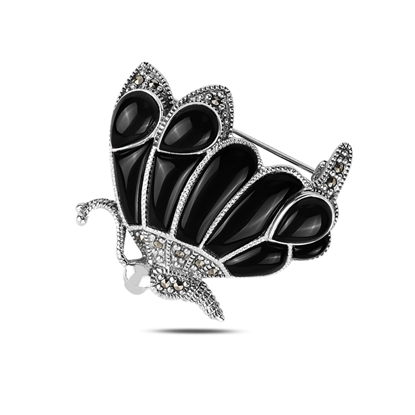 Resim Oniks (Siyah Doğal Taş) Kelebek Doğal Taş & Markazit Taşlı Gümüş Broş