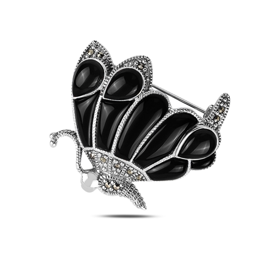 Ürün resmi: Oniks (Siyah Doğal Taş) Kelebek Doğal Taş & Markazit Taşlı Gümüş Broş