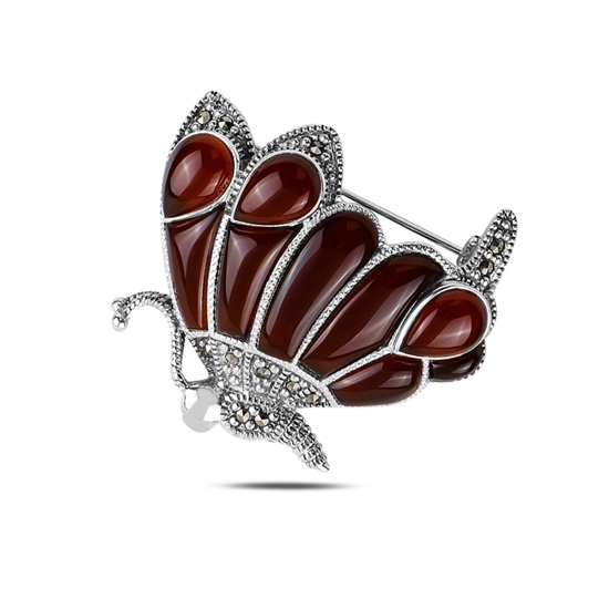 Ürün resmi: Kırmızı Akik Kelebek Doğal Taş & Markazit Taşlı Gümüş Broş