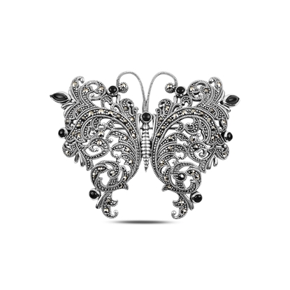 Resim Oniks (Siyah Doğal Taş) Kelebek Doğal Taş & Markazit Taşlı Gümüş Broş & Gümüş Bayan Kolye Ucu