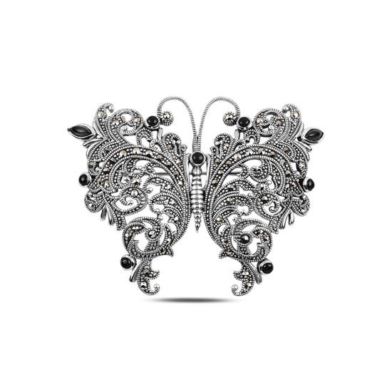 Ürün resmi: Oniks (Siyah Doğal Taş) Kelebek Doğal Taş & Markazit Taşlı Gümüş Broş & Gümüş Bayan Kolye Ucu