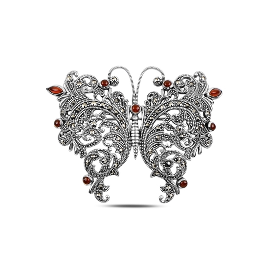 Ürün resmi: Kırmızı Akik Kelebek Doğal Taş & Markazit Taşlı Gümüş Broş & Gümüş Bayan Kolye Ucu