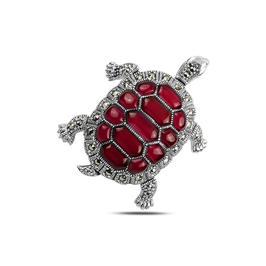 Ürün resmi: Kırmızı Akik Kaplumbağa Doğal Taş & Markazit Taşlı Gümüş Broş & Gümüş Bayan Kolye Ucu