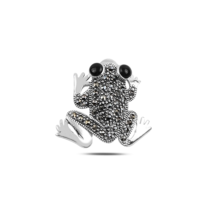 Resim Oniks (Siyah Doğal Taş) Kurbağa Doğal Taş & Markazit Taşlı Gümüş Broş