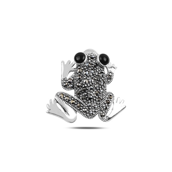 Ürün resmi: Oniks (Siyah Doğal Taş) Kurbağa Doğal Taş & Markazit Taşlı Gümüş Broş