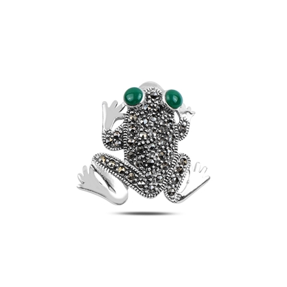 Resim Yeşil Akik Kurbağa Doğal Taş & Markazit Taşlı Gümüş Broş
