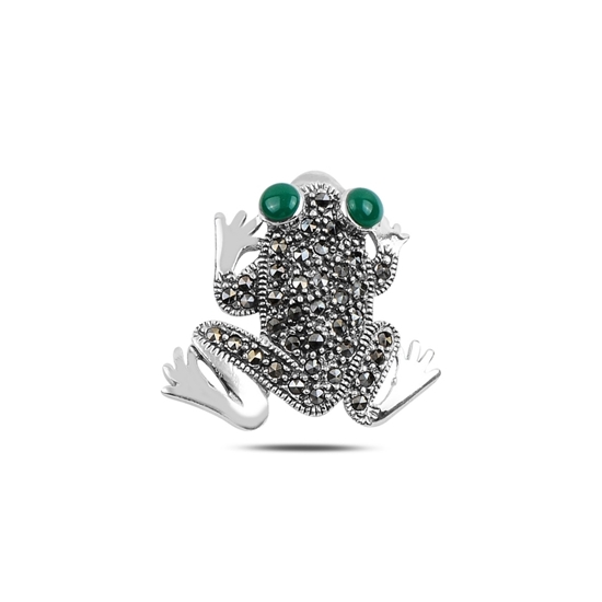 Ürün resmi: Yeşil Akik Kurbağa Doğal Taş & Markazit Taşlı Gümüş Broş