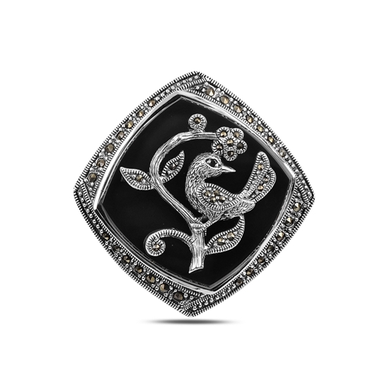 Ürün resmi: Oniks (Siyah Doğal Taş) Doğal Taş & Markazit Taşlı Gümüş Broş & Gümüş Bayan Kolye Ucu