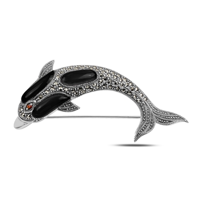 Resim Oniks (Siyah Doğal Taş) Yunus Balığı Doğal Taş & Markazit Taşlı Gümüş Broş