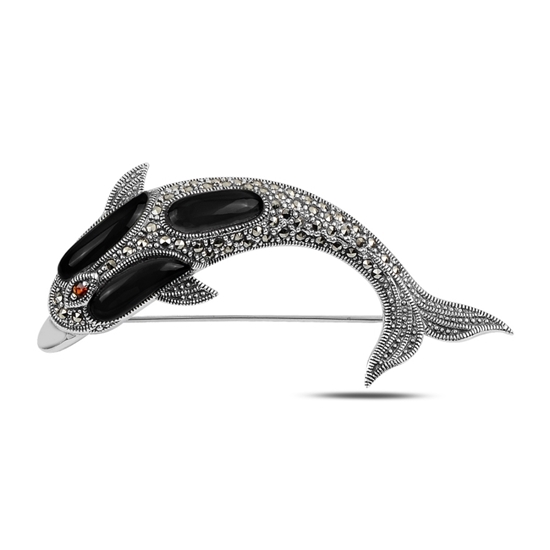 Ürün resmi: Oniks (Siyah Doğal Taş) Yunus Balığı Doğal Taş & Markazit Taşlı Gümüş Broş