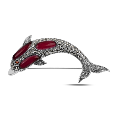 Resim Kırmızı Akik Yunus Balığı Doğal Taş & Markazit Taşlı Gümüş Broş