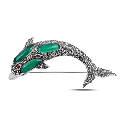 Resim Yeşil Akik Yunus Balığı Doğal Taş & Markazit Taşlı Gümüş Broş
