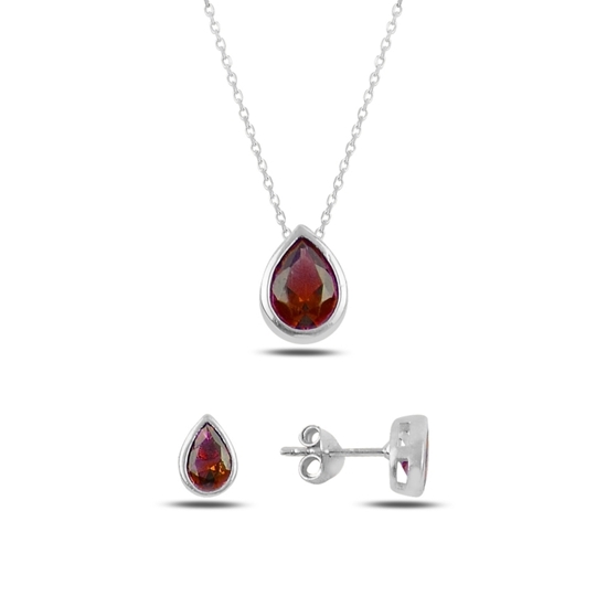 Ürün resmi: Rodyum Kaplama Garnet Zirkon (Koyu Kırmızı) Renkli Zirkon Taşlı Tektaş Damla Gümüş Bayan Set