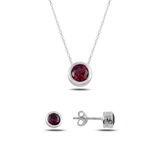 Ürün resmi: Rodyum Kaplama Garnet Zirkon (Koyu Kırmızı) Renkli Zirkon Taşlı Tektaş Yuvarlak Gümüş Bayan Set