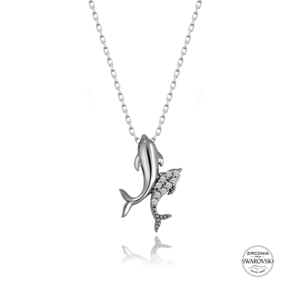 Resim Rodyum Kaplama Swarovski Zirkon Taşlı Yunus Balığı Gümüş Bayan Kolye