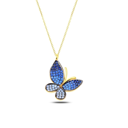 Resim Altın Kaplama Mavi Tonlamalı Nano Taşlı Kelebek Gümüş Bayan Kolye