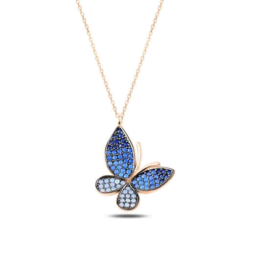 Ürün resmi: Rose Kaplama Mavi Tonlamalı Nano Taşlı Kelebek Gümüş Bayan Kolye