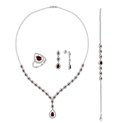 Resim Rodyum Kaplama Garnet Zirkon (Koyu Kırmızı) Zirkon Taşlı Gümüş Bayan Set