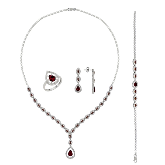 Ürün resmi: Rodyum Kaplama Garnet Zirkon (Koyu Kırmızı) Zirkon Taşlı Gümüş Bayan Set