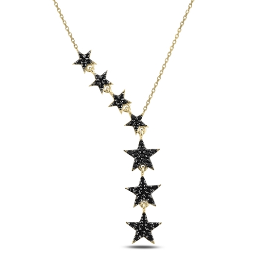 Ürün resmi:  Altın Kaplama Kayan Yıldızlar Siyah Zirkon Taşlı Sallantılı Gümüş Bayan Kolye