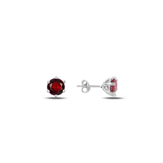 Ürün resmi: Rodyum Kaplama Garnet Zirkon (Koyu Kırmızı) 6mm Renkli Zirkon Taşlı Tektaş Gümüş Küpe