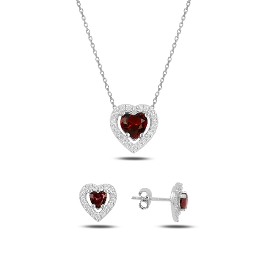 Ürün resmi: Rodyum Kaplama Garnet Zirkon (Koyu Kırmızı) Kalp Renkli Zirkon Taşlı Tektaş Gümüş Bayan Set