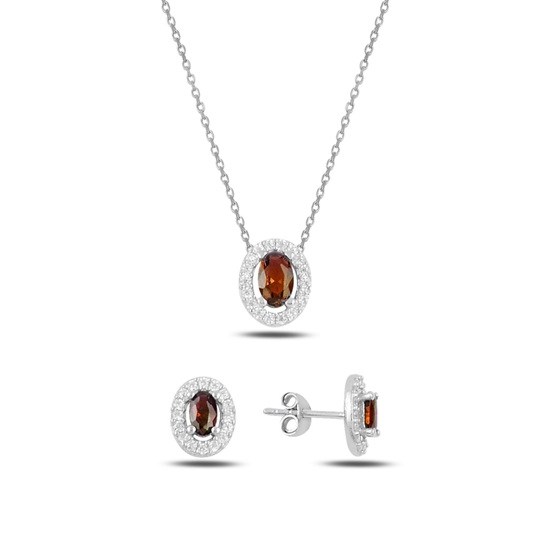 Ürün resmi: Rodyum Kaplama Garnet Zirkon (Koyu Kırmızı) Oval Renkli Zirkon Taşlı Gümüş Bayan Set