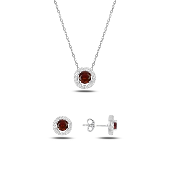 Ürün resmi: Rodyum Kaplama Garnet Zirkon (Koyu Kırmızı) Yuvarlak Renkli Zirkon Taşlı Gümüş Bayan Set