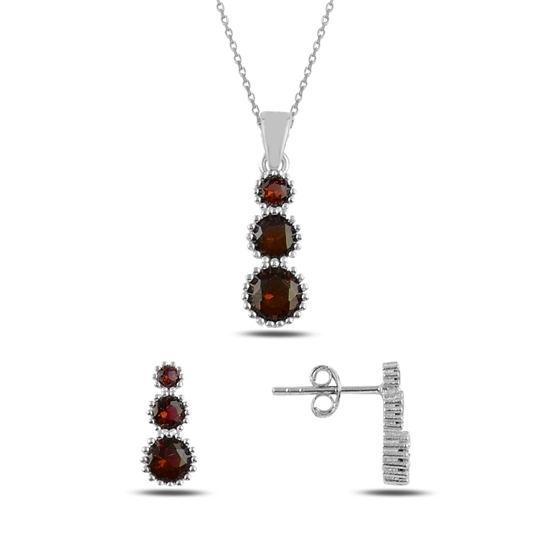 Ürün resmi: Rodyum Kaplama Garnet Zirkon (Koyu Kırmızı) Süzme Renkli Zirkon Taşlı Gümüş Bayan Set