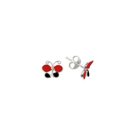 Ürün resmi: Kırmızı ve Siyah Mineli Kelebek Gümüş Kız Çocuk Küpesi