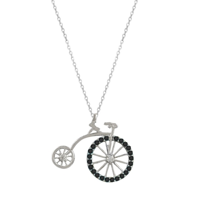 Resim Rodyum Kaplama Zirkon Taşlı Nostaljik Bisiklet Gümüş Bayan Kolye